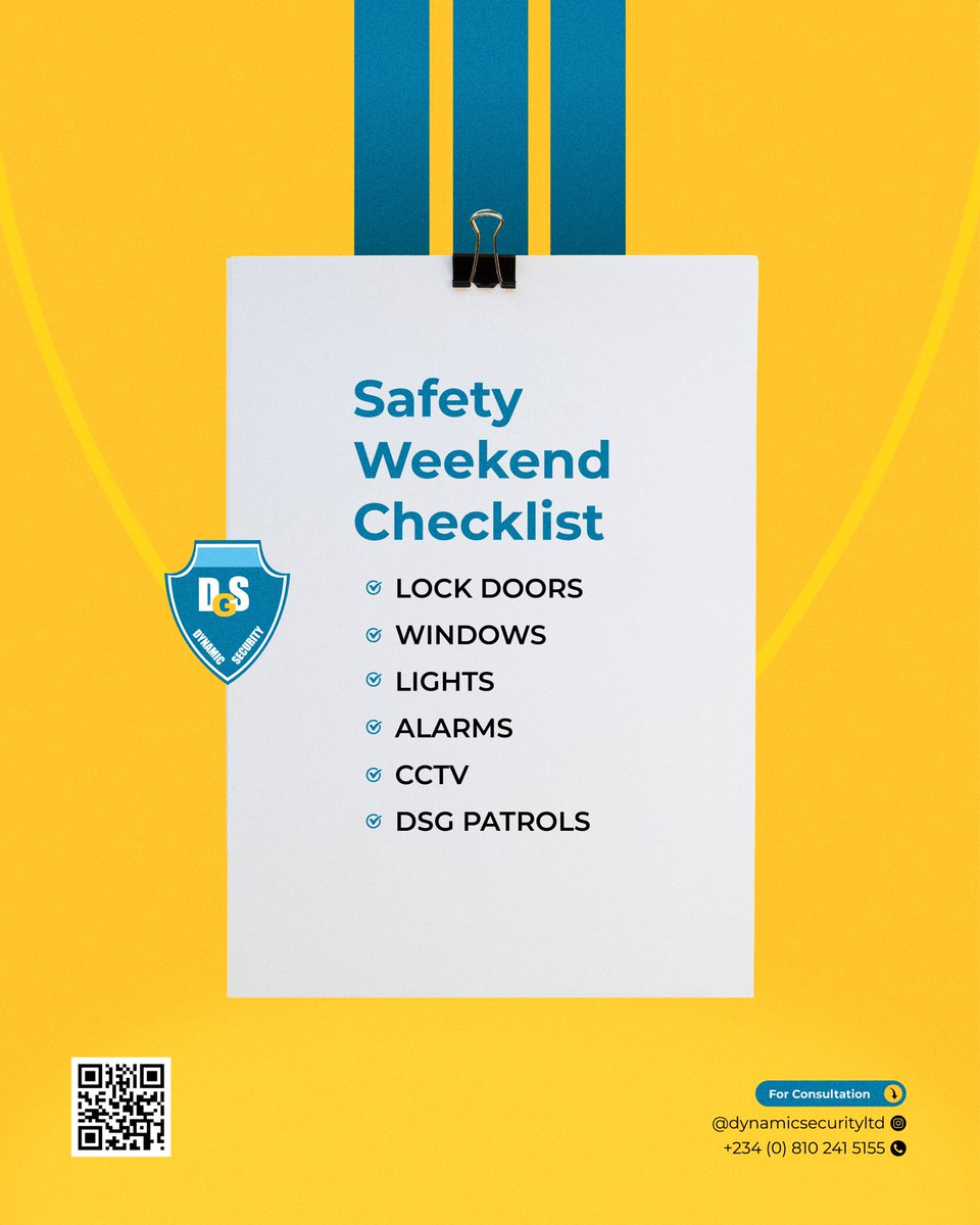 Dynamicgroups01's tweet image. Here’s a quick weekend reminder; 
Lock your doors…Close your windows..Keep your Sensor lights on..
Your Alarms should always be active..
Your CCTV camera should be avtive..
Do your part, relax, and leave the rest to DSG.For your events security call/DM 📞 08102415155#DSGSecurity