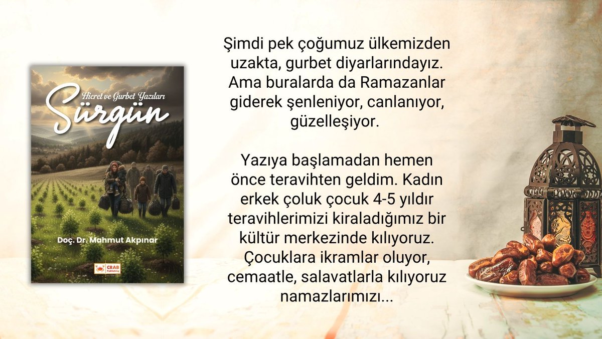 SÜRGÜN / Hicret ve Gurbet Yazıları
Doç. Dr. Mahmut Akpınar / <a href="/mahmutakpinar1/">Mahmut Akpınar</a>

Ağaçlar canlı kaldıkça meyve verir, insanlar meyve verdikçe canlı kalırlar.

Satın alma linkleri...
SMASHWORDS➡️smashwords.com/books/view/190…
GOOGLE PLAY➡️play.google.com/store/books/de…