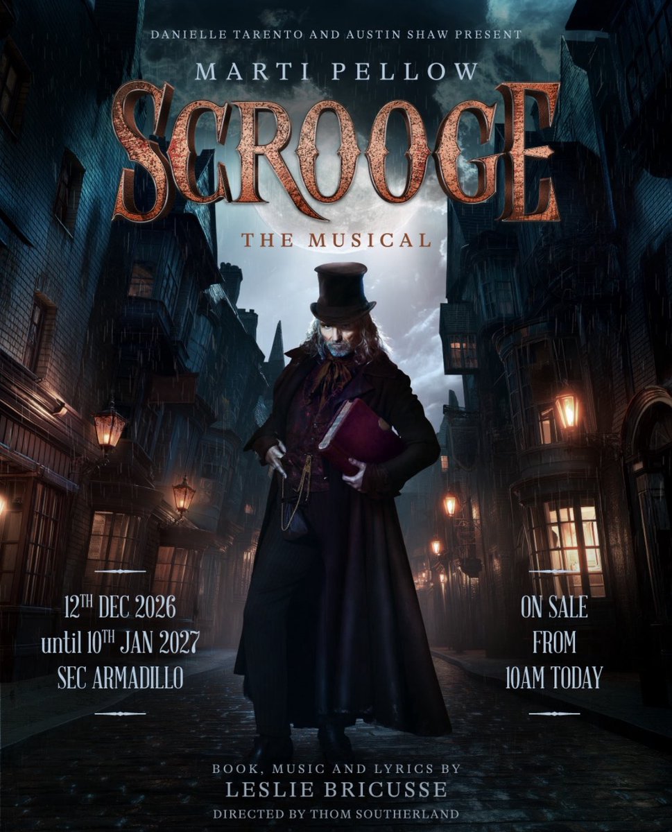 Tickets for Scrooge the Musical starring @MartiPellow are ON SALE NOW!
Catch this spectacular new production at <a href="/SECGlasgow/">Scottish Event Campus</a> from 12 Dec 2026 – 10 Jan 2027 🎩✨
Directed by Thom Southerland, music &amp; lyrics by Leslie Bricusse.
A perfect festive treat 🎄
👉 tinyurl.com/4vxrsmze