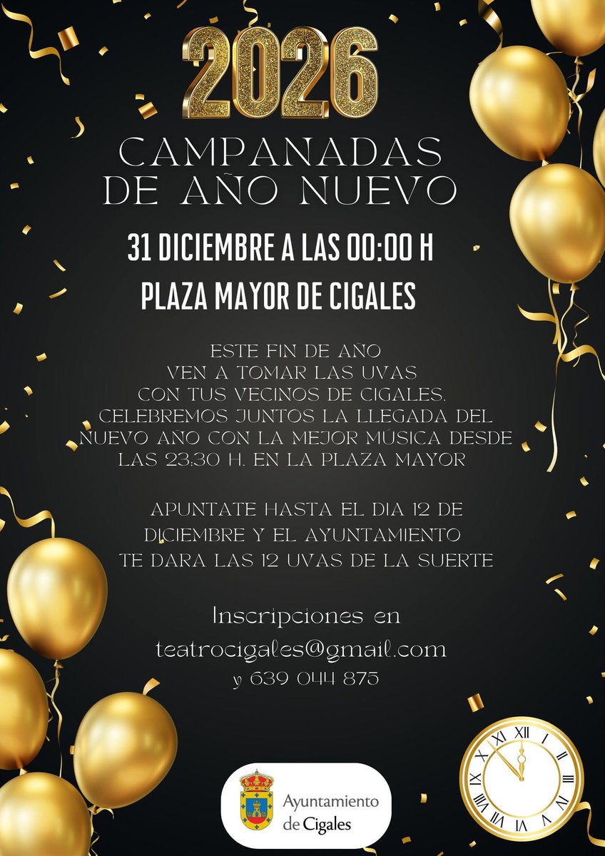 Celebra la Nochevieja con tus vecinos de #Cigales el próximo día 31 de diciembre a partir de las 23:30 h. disfruta de la mejor música en la Plaza Mayor y a las 00:00 h. recibe el año nuevo con las "uvas de la suerte" Campanadas de Año Nuevo