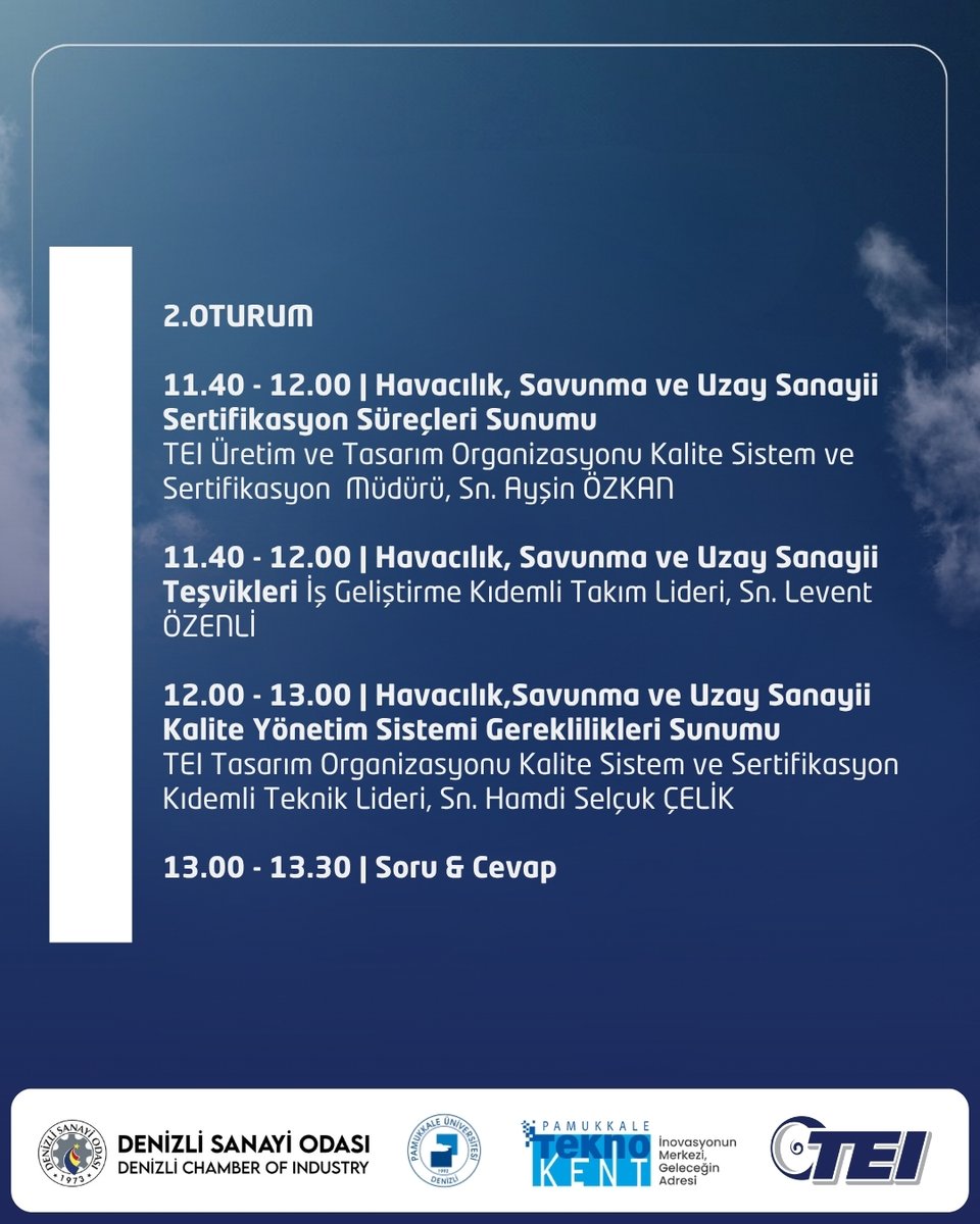 Savunma sanayii tedarik zincirine adım atmak ister misiniz?
PAÜ, PAÜ Teknokent ve DSO iş birliğiyle, TEI’nin katıldığı “Havacılık ve Savunma Sanayii Bilgilendirme Toplantısı’’na davetlisiniz. 
Kayıt: forms.office.com/r/pz60hXdHna
#Pau #PauTeknokent #DSO #Denizli #Sanayi #İşbirliği