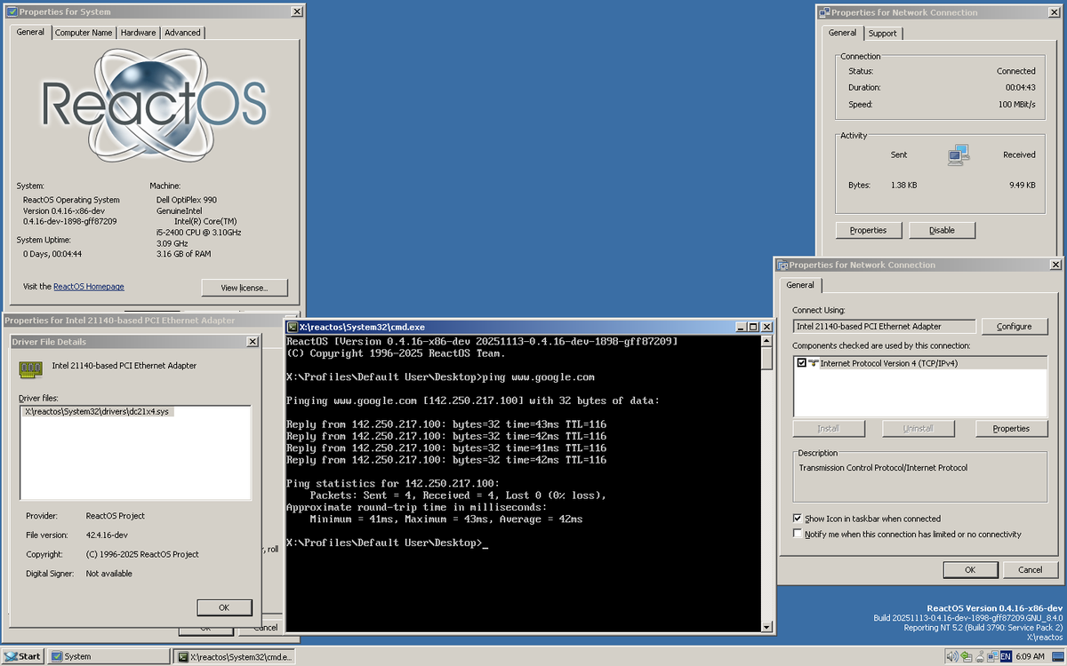 reactos's tweet image. Driver for Intel 21140 PCI Etherner Adapter works on #ReactOS, on both x86 and x64!
Test by Zombiedeth.