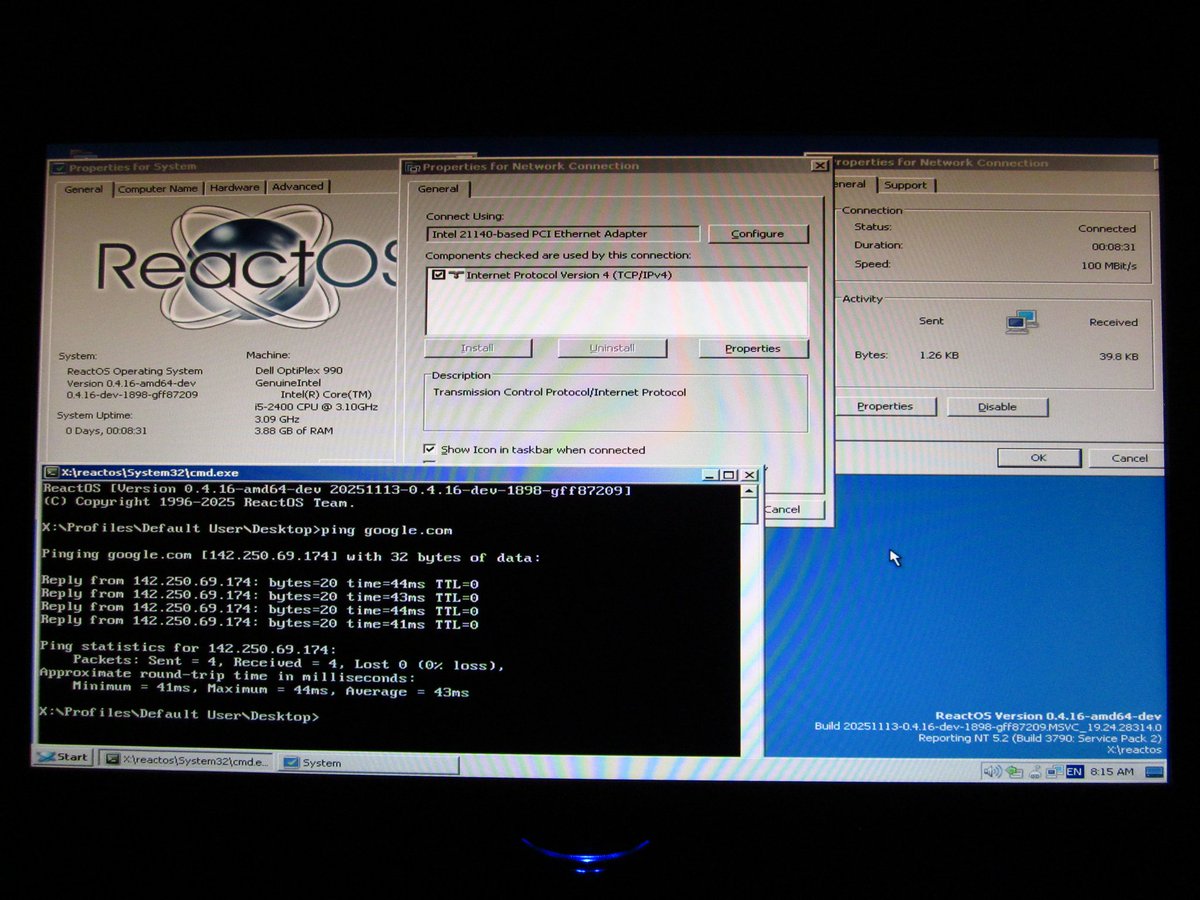 reactos's tweet image. Driver for Intel 21140 PCI Etherner Adapter works on #ReactOS, on both x86 and x64!
Test by Zombiedeth.