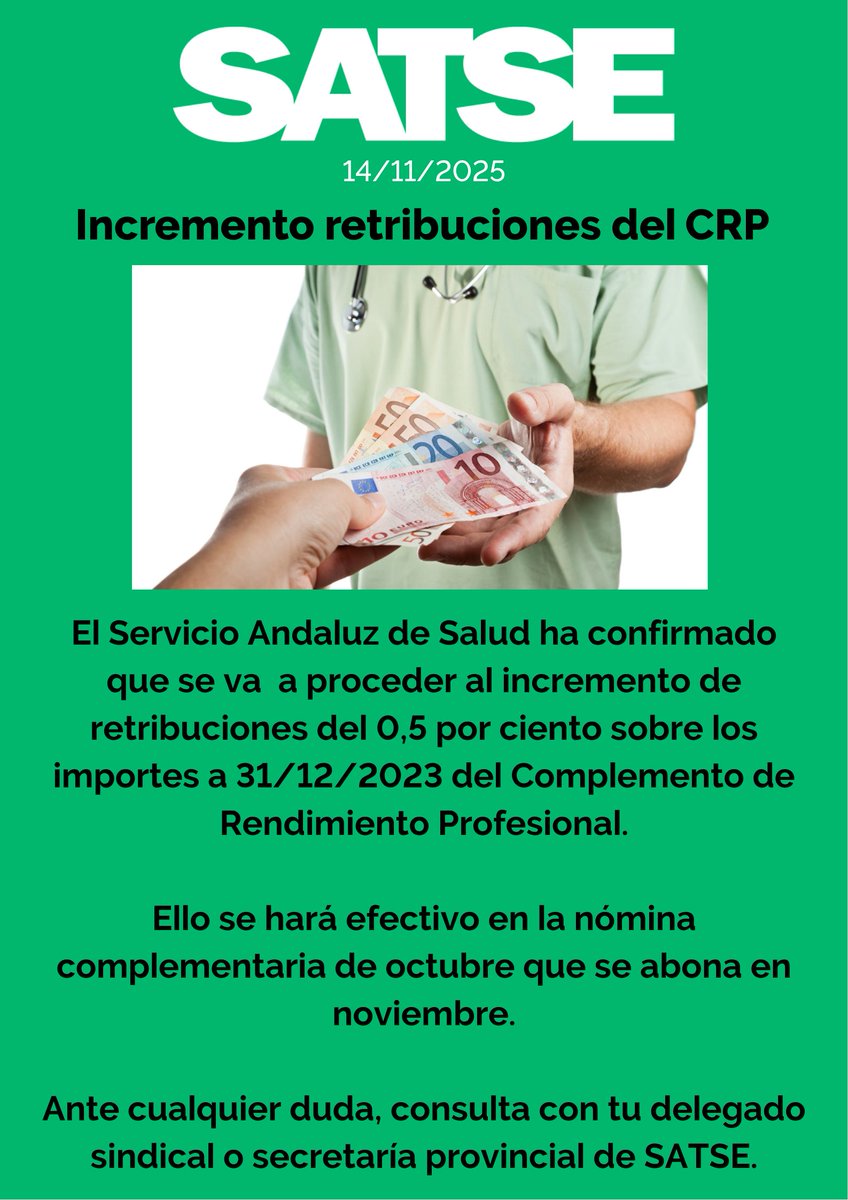 SATSE_Andalucia's tweet image. 📢NOVEDAD‼️ #SATSEInforma que el #SAS confirma el incremento del 0,5% del CRP sobre los importes a fecha 31/12/2023.
💵🏦Será abonado en la nómina de noviembre (complementaria de octubre).