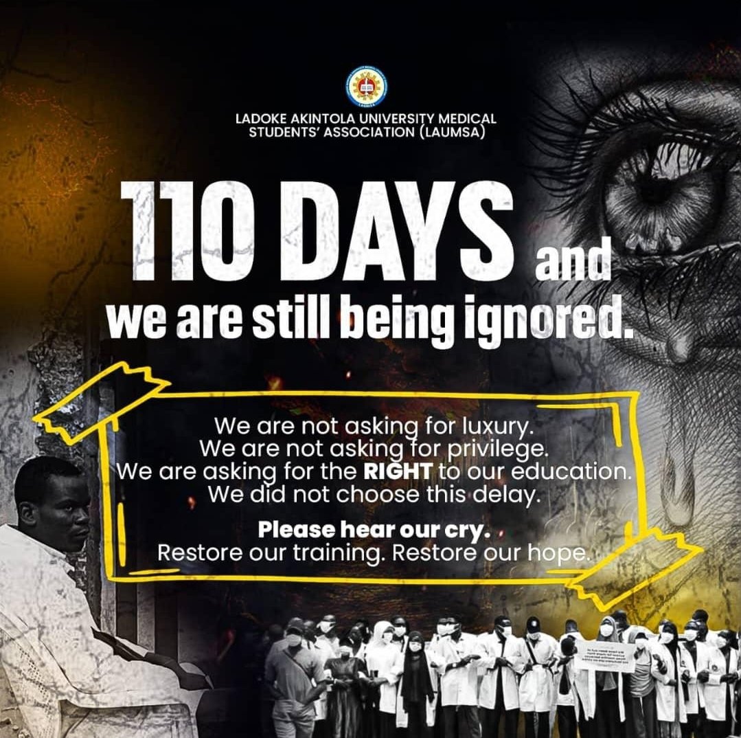 Day 110. 
Inching closer to 4 straight months of no classes for LAUTECH medical students. <a href="/lautechofficial/">Ladoke Akintola University of Technology</a> and <a href="/oyostategovt/">Oyo State Government</a> are quite comfortable with that. 
If this isn't wickedness, tell me what is.
<a href="/OurFavOnlineDoc/">OurFaveOnlineDoc 🇬🇧 🇳🇬</a>
<a href="/Okizle/">Friendly Neighborhood Doctor</a> 
<a href="/seyimakinde/"></a> 
<a href="/Nigerian_Doctor/">Nigerian Doctor</a> 
<a href="/FeedbackOYSG/">Oyo State Government Feedback</a>
