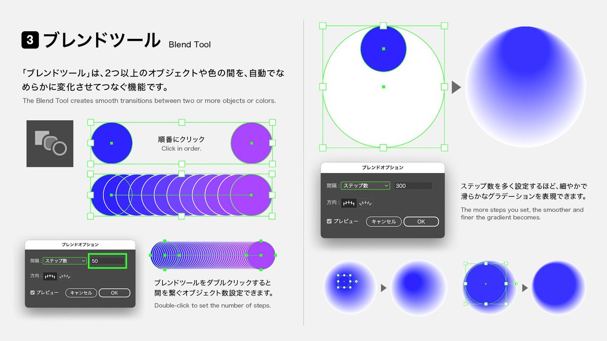 DesignSpot_Jap's tweet image. イラレの「グラデーション」4種類の表現方法👀
#Illustrator