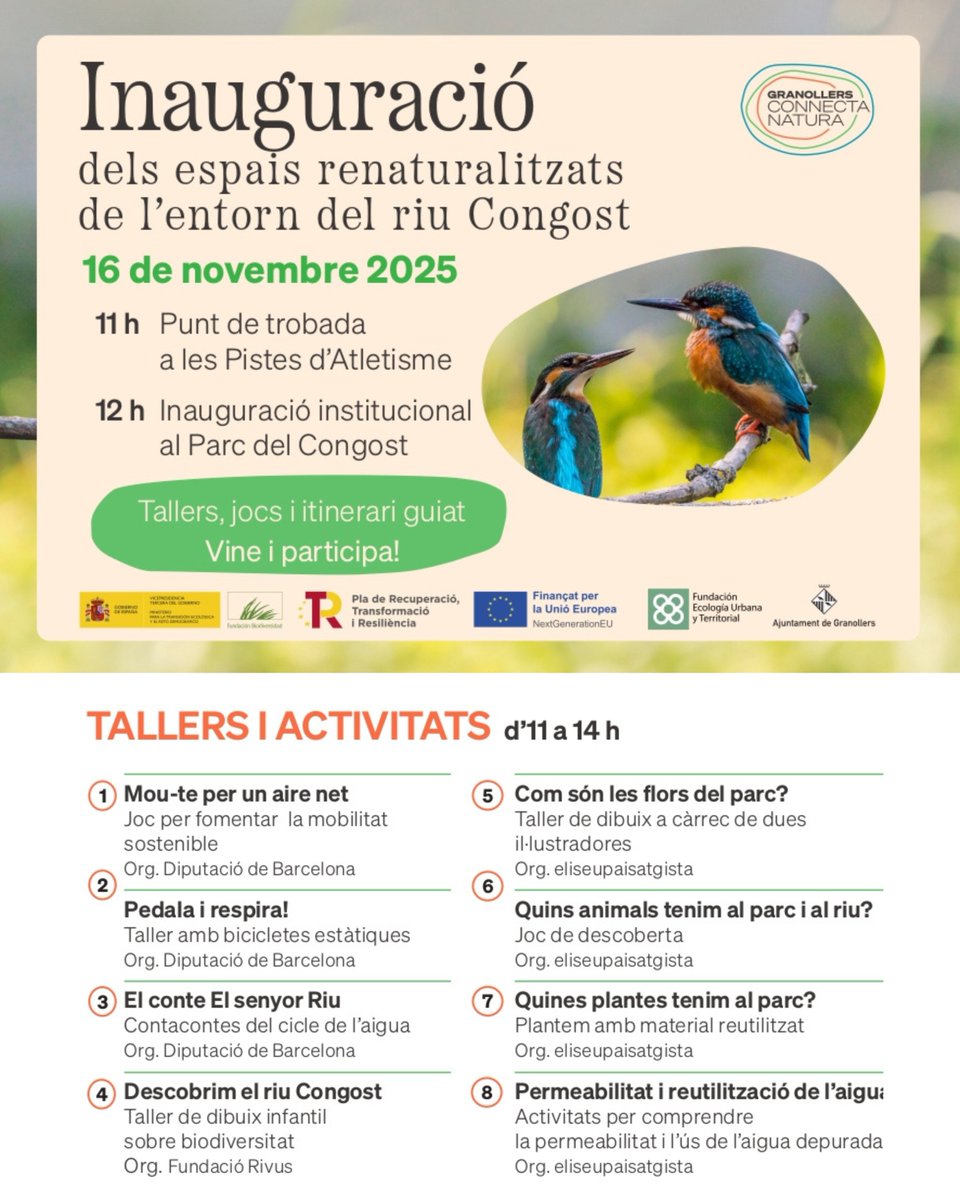 🌿La renaturalització de l'entorn del riu Congost ja és una realitat

Vine a la inauguració i coneix els nous espais en un itinerari guiat, amb tallers i activitats per a tothom

📆Diumenge 16 novembre
🕑11 h Inici de l’itinerari a les pistes d'Atletisme
🕑12 h Inauguració