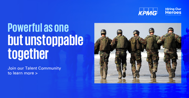 Recruiter_Ralph's tweet photo. KPMG supports "Hiring Our Heroes," helping veterans and military spouses find new careers. Join our Talent Community for job postings and insights. We’re here to support your next chapter. #KPMGFed #VeteransMonth https://t.co/nbLXUgvkOP https://t.co/JdUpFY62LM