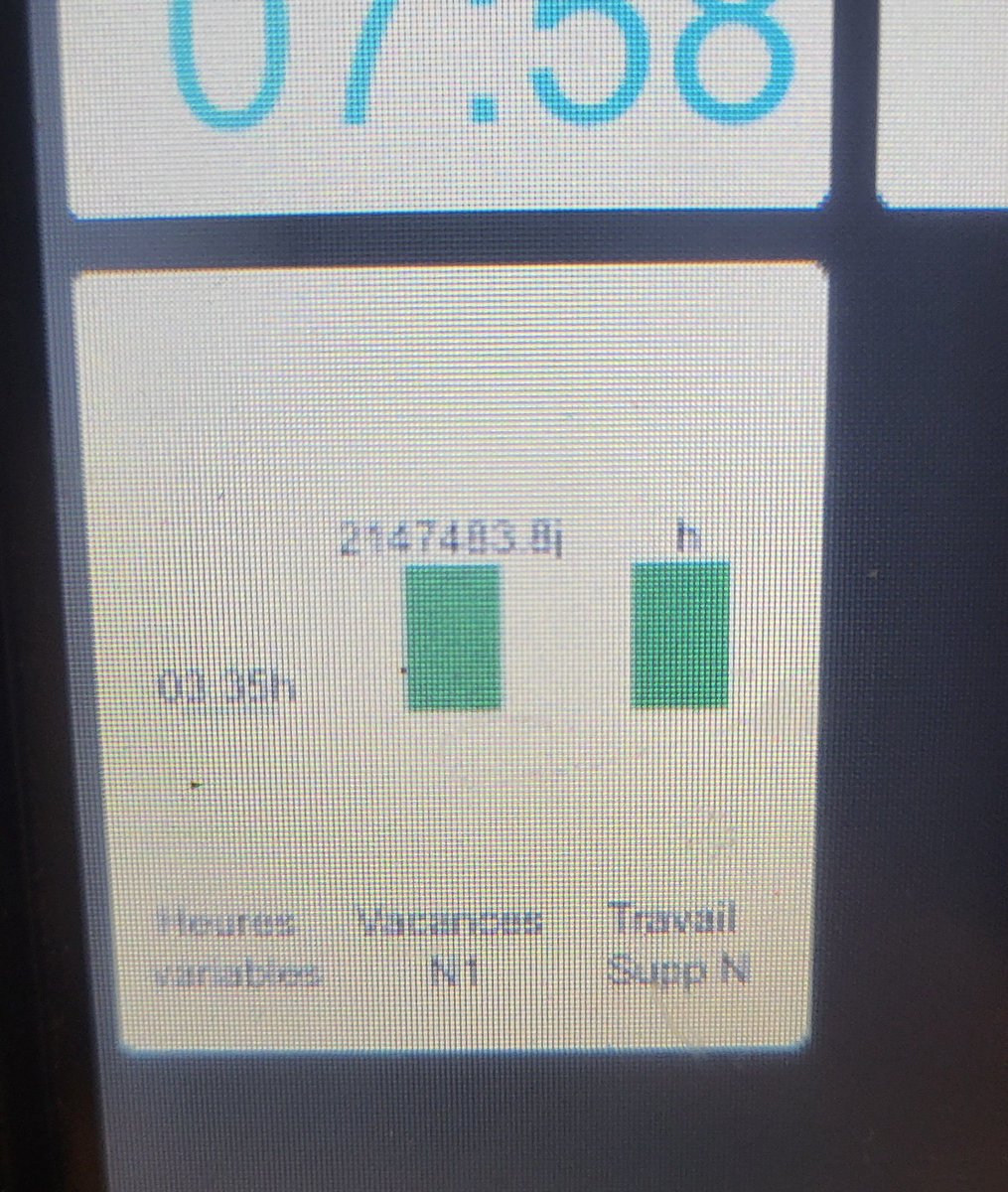 Ce matin en arrivant au travail, la timbreuse m'informe qu'il me reste 2'147'483,8 jours de vacances à prendre avant la fin de l'année...
2 millions 147 milles 483 VIRGULE 8 jours de vacances, ça équivaut en gros à 5'884,55 années de congé.
Ça vaaaaa!