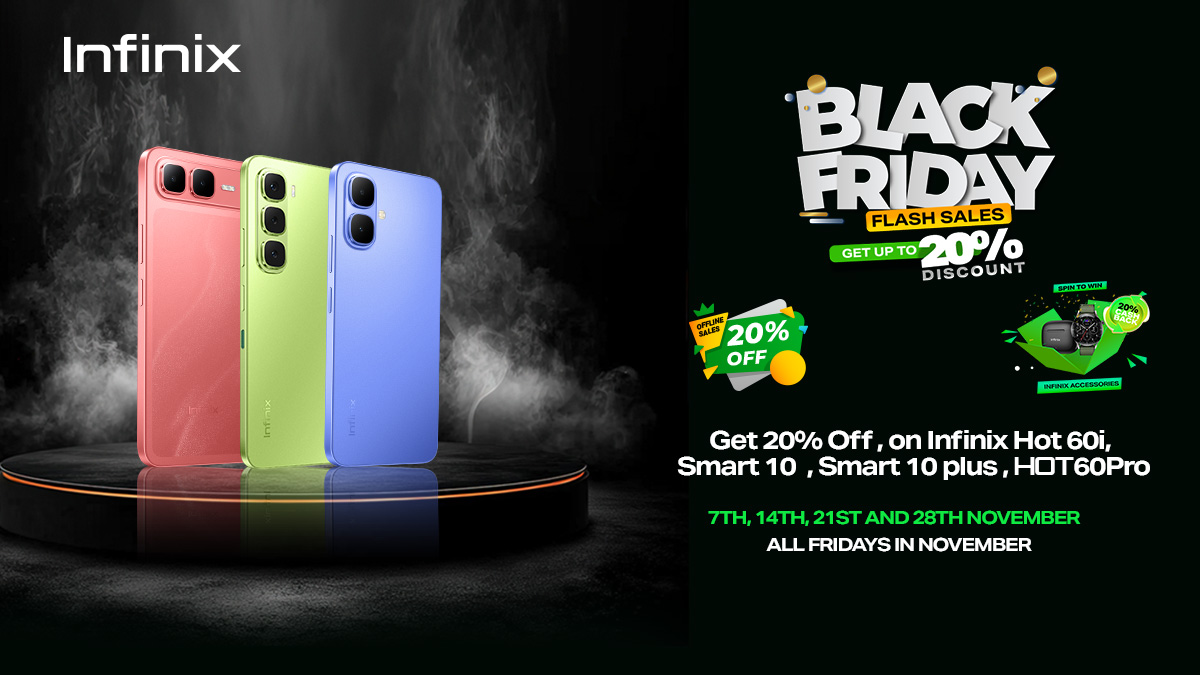 Flash Fridays are here! 
Mark your calendars for November 7th, 14th, 21st &amp; 28th. 
Get your dream Infinix smartphone — Infinix Hot 60i, Smart 10, Smart 10Plus, or HOT60Pro — at up to 20% discount. 
Shop smart, save big, and celebrate #InfinixBlackFridayFiesta