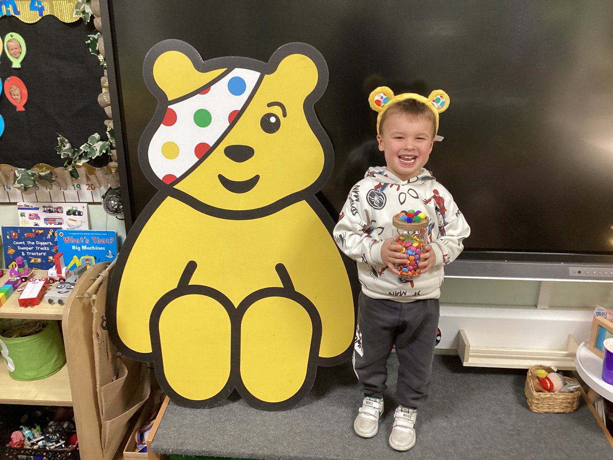 The children in Nursery Platt are raising money for Children in Need today. They have come dressed in their own clothes and we have done lots of Pudsey Bear activities this morning.