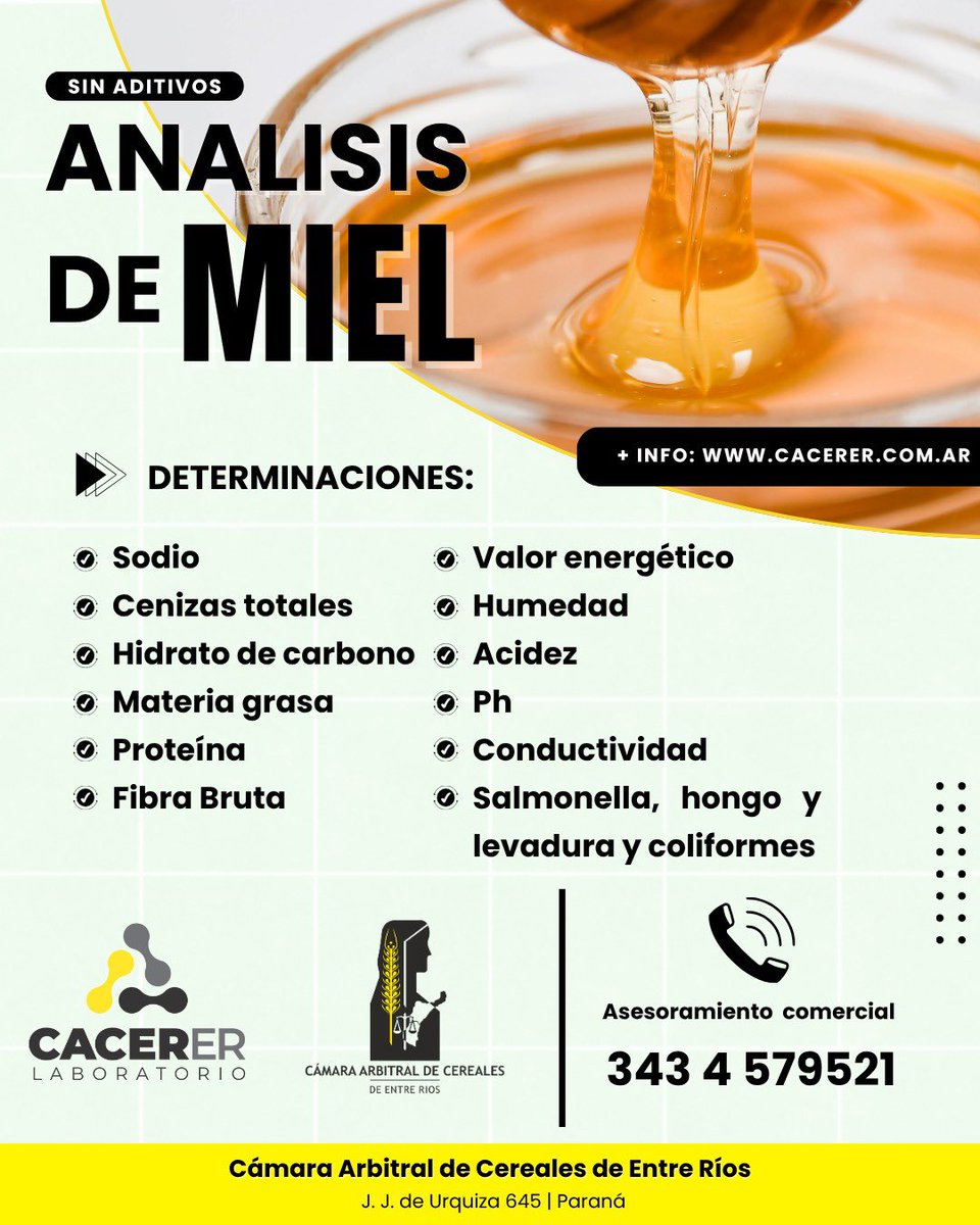 ✅ ANALISIS DE MEL

▪️Determinaciones:
• Sodio
• Valor energético
• Cenizas totales
• Humedad
• Hidrato de carbono o Acidez
• Materia grasa
• Ph
• Proteína
• Conductividad
• Fibra Bruta
• Salmonella, hongo y levadura y coliformes

🔺Asesoramiento 📞 343 4 579521