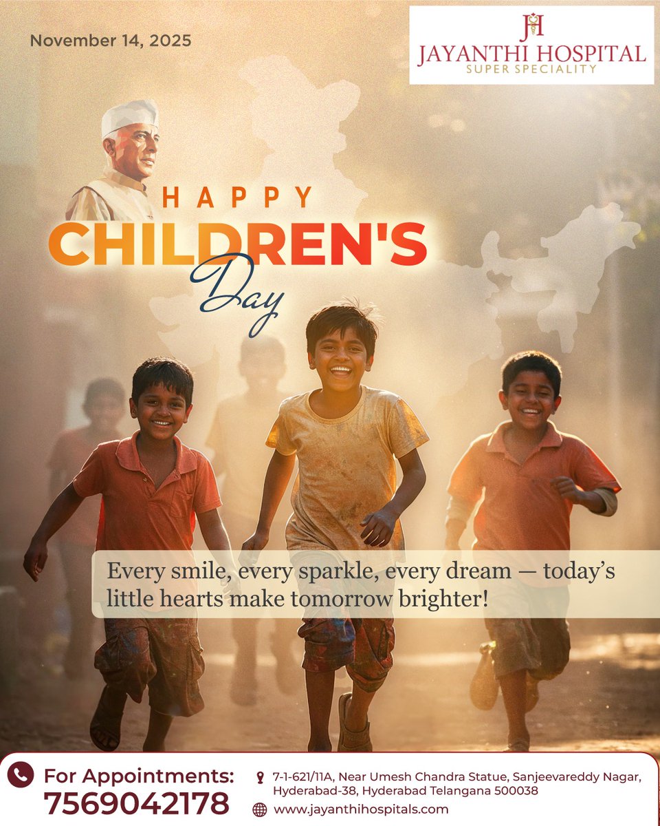 JayanthiHsptls's tweet image. Happy Children’s Day! At Jayanthi Hospitals, we celebrate the joy, innocence, and endless potential that every child brings into the world. Let’s create a future where every child grows up healthy, happy, and empowered.
#HappyChildrensDay #ChildrensDay2025 #CelebrateChildhood