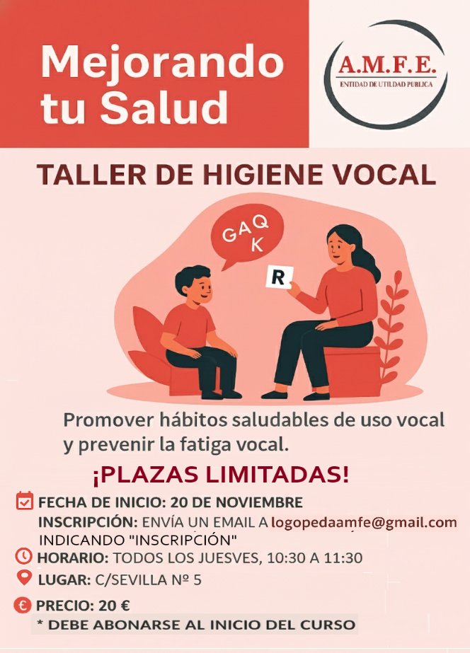 amfelucena's tweet photo. 📢 ¡NUEVO TALLER DE HIGIENE VOCAL!

🗓 Fecha de inicio: 20 de noviembre
���� Horario: Todos los jueves, de 10:30 a 11:30
📍 Lugar: C/ Sevilla nº 5
💶 Precio: 20 € 
📩 Inscripciones: 
Envía un email a logopedaamfe@gmail.com indicando "Inscripción"
⚠️ Plazas limitadas https://t.co/oP6OvLfPP4