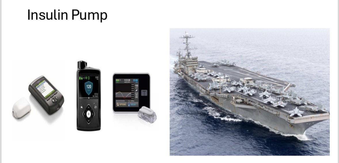 👩🏻‍🦱 
دكتور  أنا مصابة بالسكري النوع الاول 
فهل تنصحني بإستخدام مضخة الأنسولين إذا توفرت لي ؟

👨🏻‍⚕️
في حربنا ضد السكري 
الإنسولين السريع بمثابة طائرة حربية تحمل قنبلة بحجم معين دقيق
(حسب كميّة الكاربوهيدرات)

اذا .. في كل وجبة / سناك تتناوله تحتاج إلى طلعة جوية تحمل قنبلة (انسولين)