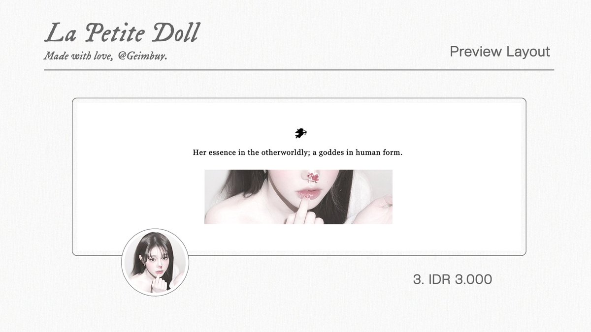 Geimbuy's tweet image. ㅤㅤ
Help  repost,  thankyou  so  much.

Petite  Doll  Colection  : 14  Layout 
ready   stock      Wonyoung     lates
update. Price on pict.  Free retext. 
DM   for    take,   ❤︎

—————   #zonauang  #zonaba  
ㅤㅤ