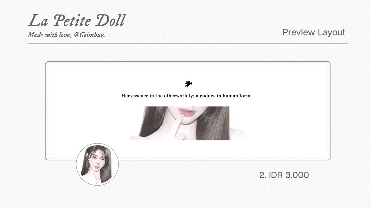 Geimbuy's tweet image. ㅤㅤ
Help  repost,  thankyou  so  much.

Petite  Doll  Colection  : 14  Layout 
ready   stock      Wonyoung     lates
update. Price on pict.  Free retext. 
DM   for    take,   ❤︎

—————   #zonauang  #zonaba  
ㅤㅤ