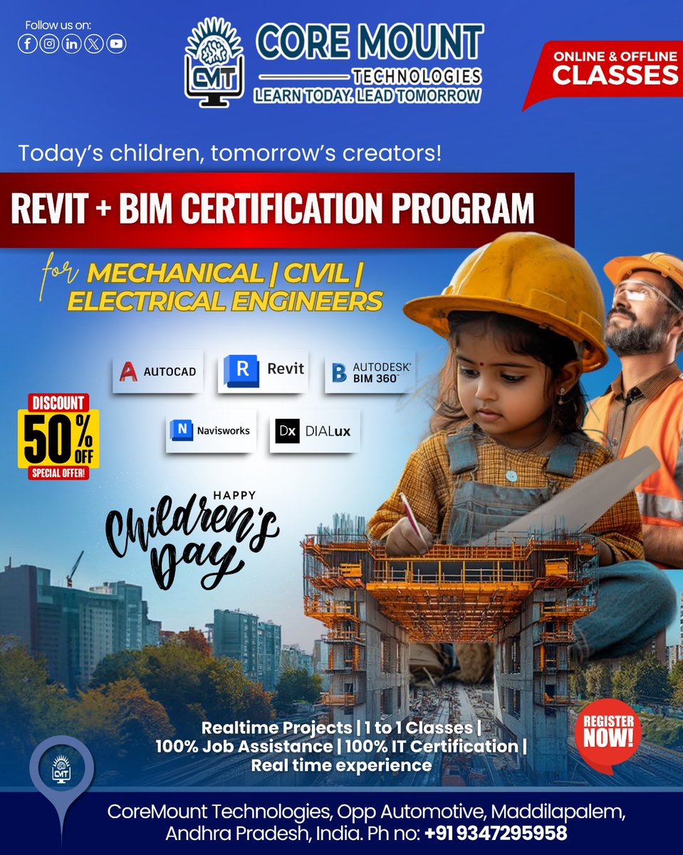 Coremountt45188's tweet image. Learn Today Lead Tomorrow Revit + BIM Certification for Mechanical, Civil &amp;amp; Electrical Engineers. Online &amp;amp; Offline Classes. Core Mount Technologies wishes you a Happy Childrens Day.

📞 Contact Us: +91 9347295958

#coremounttechnologies #revit #bim #bimtraining #revitcourse
