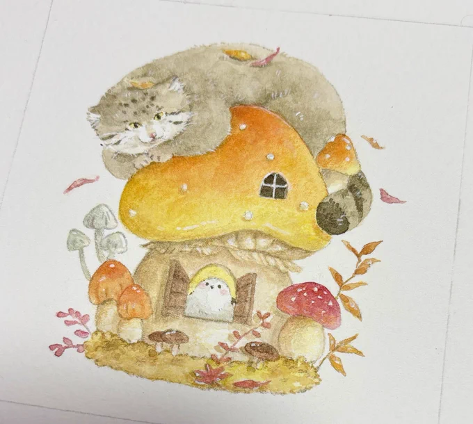 マヌルネコとシマエナガ きのこの家 #イラスト