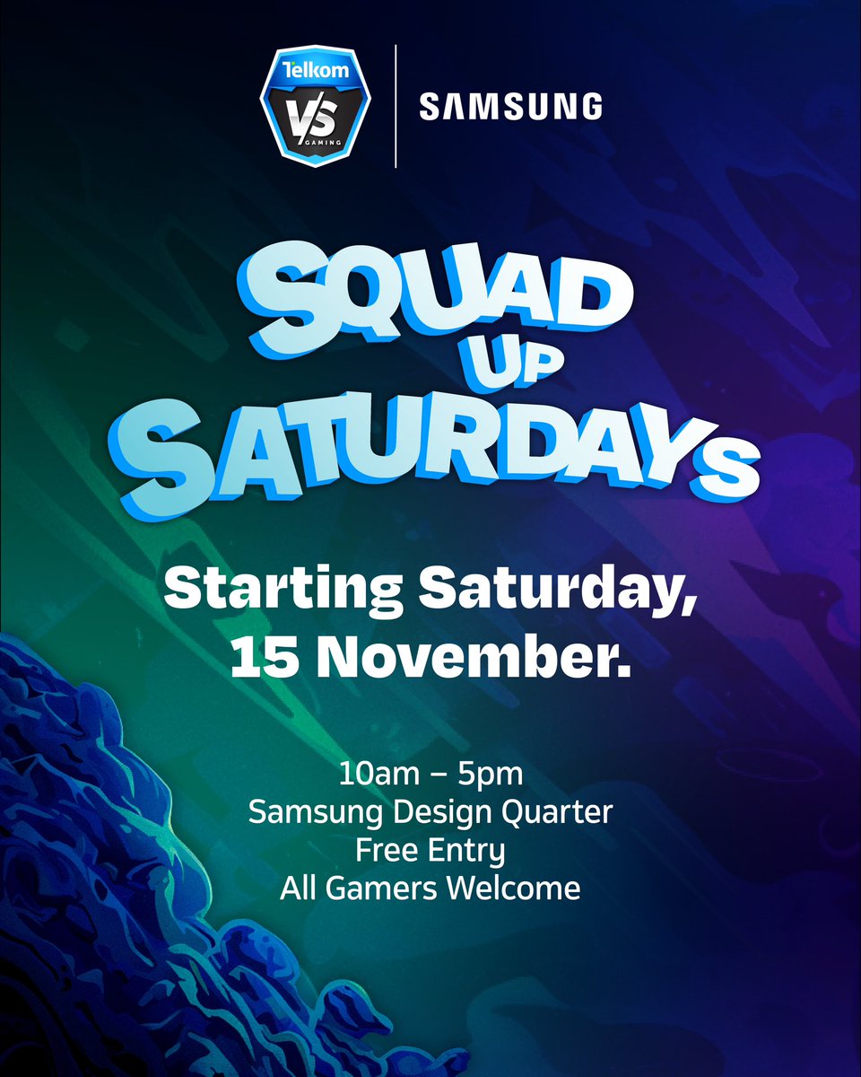 VSGamingWorld's tweet photo. Starting 15 Nov, at the @SamsungSA store, Design Quarter – Fourways, 10 events, tons of prizes, guaranteed fun. Swipe for details

#EpicScreenEpicPlay #TelkomVSGaming #squadupsaturdays #odysseygaming https://t.co/85FG2G2Ngv