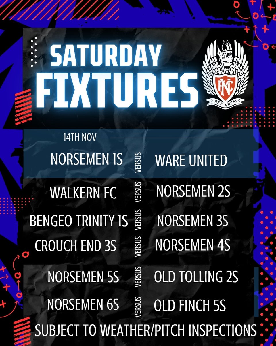 FIXTURES SATURDAY 15th NOVEMBER

SUBJECT TO WEATHER/PITCH INSPECTIONS ☔️

1S - vs Ware United First - (H)
2S - vs Walkern FC - (A) 
3S - vs Bengeo Trinity First - (A)
4S - vs Crouch End Vampires 3rd- (A)
5S - vs Old Tollingtonians 2nd - (H)
6S - vs Old Finchleians 5th - (H)