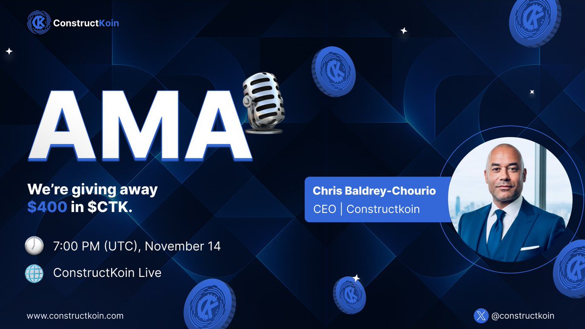 The ConstructKoin AMAs is happening today!

We go live at 7PM UTC on X Spaces.
Join the conversation, ask your questions, and be part of the moment.

We’re also giving out $400 in $CTK tokens to a few selected participants 

Don’t miss it.