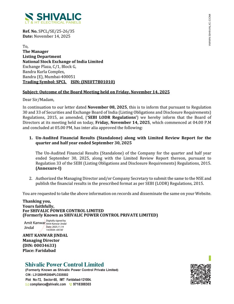 nileshkurhade's tweet image. 📌 Shivalic Power Control Limited informed the exchange about its approval for the financial results for the period ended September 30, 2025. #SME #SPCL 📄🧾