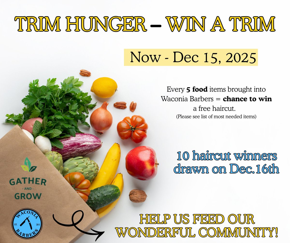A Thanksgiving reminder, appointments are beginning to fill up quickly, so book your haircut, beard trim, or shave now at waconiabarbers.com! Also, bring in a food shelf donation for a chance to win a FREE haircut!