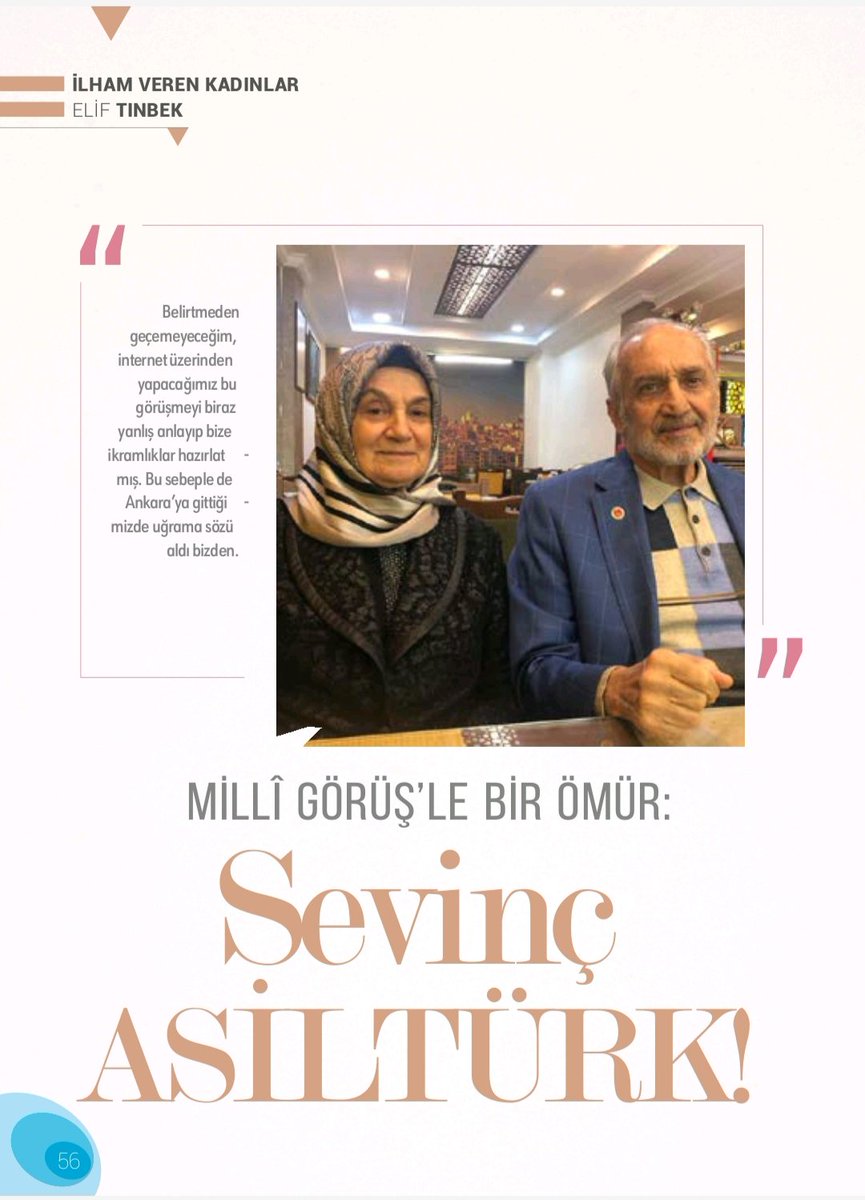 Merhum Oğuzhan Asiltürk'ün Muhterem zevcesi Sevinç Asiltürk Maaile'ye Konuştu.

"Hocamız kürsüye geldi, söylediği ilk söz “Hiç kimsenin varlığıyla bu dava şeref bulmaz, ancak insanlar Millî Görüşçü olmakla şeref bulur.” dedi.

Elif Tınbek'in yazısı, Maaile Dergi Kasım Sayısında.