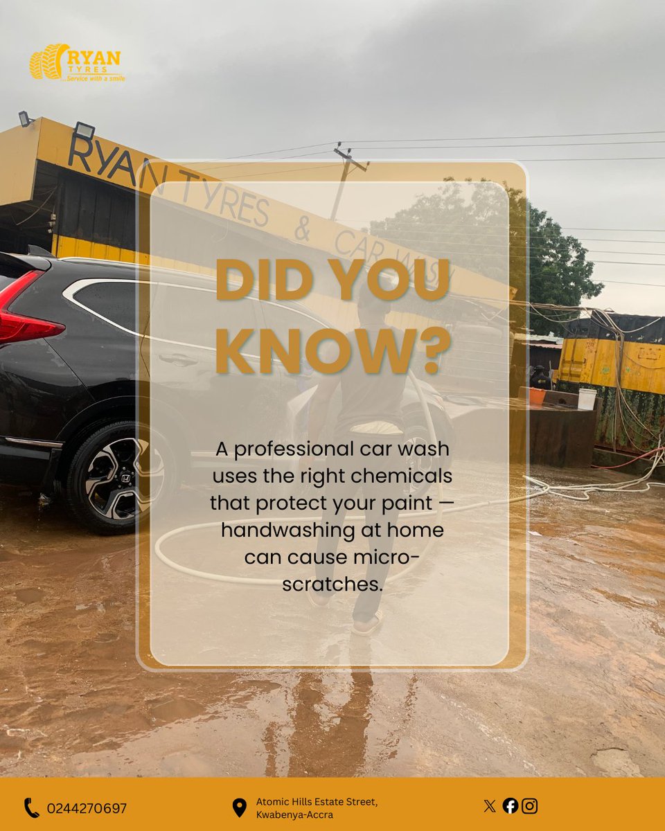 ryan_tyres's tweet photo. A professional wash doesn’t just clean — it protects your paint.

The right chemicals = long-lasting shine.
Home bucket washes? Micro-scratches waiting to happen.

Keep your car safe. Visit Ryan Tyres &amp; Car Wash.

Call/WhatsApp: 0244270697

#ryantyresandcarwash #TV3GH https://t.co/67sjuu9WbF