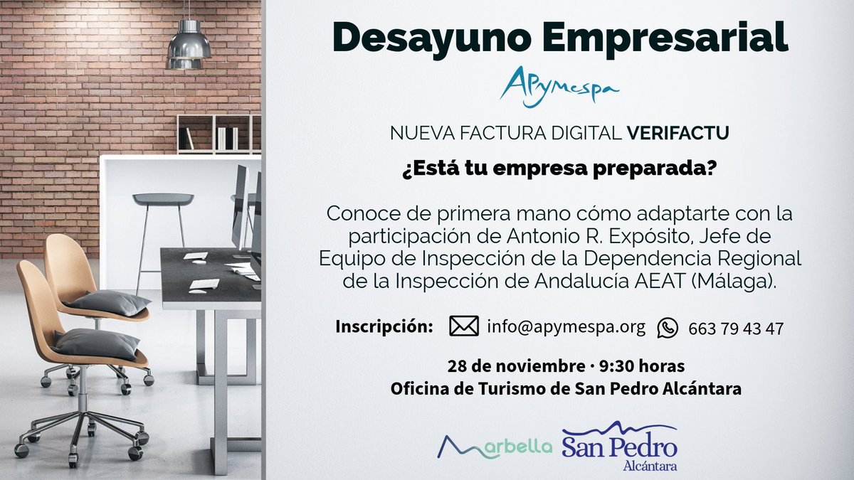 ⏳ Desayuno Empresarial APYMESPA

¿Preparado para #VeriFactu?

Descubre cómo adaptarte al nuevo sistema de facturación digital con Antonio R. Expósito (AEAT Málaga).

📅 28/11/2025 – 9:30 horas
📍 Oficina de Turismo San Pedro Alcántara
✉️ info@apymespa.org | 📲 663 79 43 47