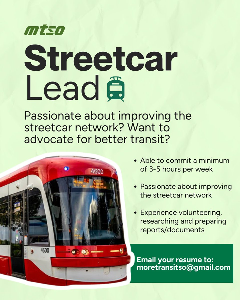 moretransitso's tweet image. We&apos;re happy to announce that we&apos;re looking for a volunteer to lead our advocacy efforts for TTC Streetcars. Our streetcars are some of the slowest in the world, and on time performance was just 61% last month. As our streetcar lead, you will have the responsibility of: 
1/3