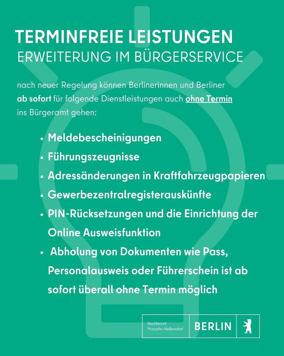 🟥 Gute Nachrichten - mehr Leistungen ab sofort ohne Termin! Danke an unsere Kolleg*innen in den vier Bürgerämtern 
berlin.de/ba-marzahn-hel…