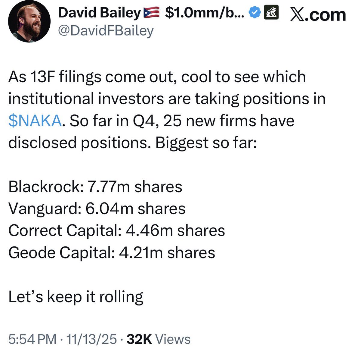 bigmagicdao's tweet image. Friendly reminder: this is a misleading tweet. 13F ≠ institutions buying your stock.

BlackRock/Vanguard hold tiny positions in thousands of companies because index rules force them to.

Their microscopic positions only look ‘big’ on NAKA’s shareholder list because there were no…
