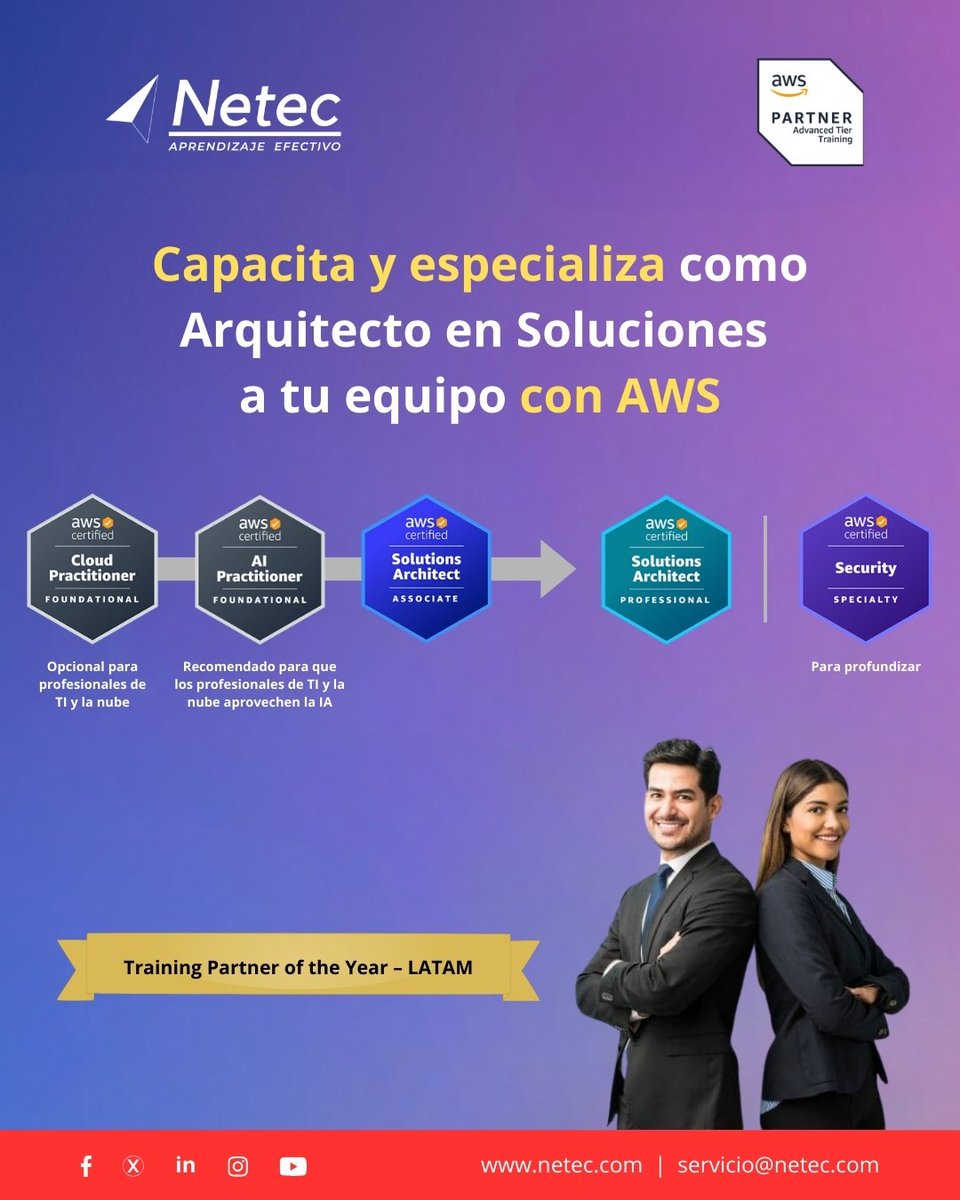 netec's tweet image. Fortalece las capacidades de tu equipo de TI con formación en AWS de la mano de Netec.
Nuestros programas permiten a los colaboradores especializarse como Arquitectos de Soluciones.

Más información en el link 👉🏻 hubs.la/Q03T89LZ0

#Netec #AWS