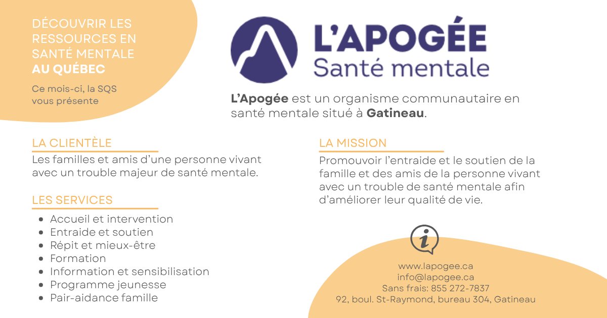 |SERVICES EN SANTÉ MENTALE|

Ce mois-ci, la #SQS désire vous fait découvrir l'organisme #LApogée
lapogee.ca

Envie de nous faire découvrir votre 𝐨𝐫𝐠𝐚𝐧𝐢𝐬𝐦𝐞 𝐜𝐨𝐮𝐩 𝐝𝐞 𝐜𝐨𝐞𝐮𝐫 𝐝𝐞 𝐯𝐨𝐭𝐫𝐞 𝐫𝐞́𝐠𝐢𝐨𝐧? Dites-nous lequel et pourquoi en commentaire!