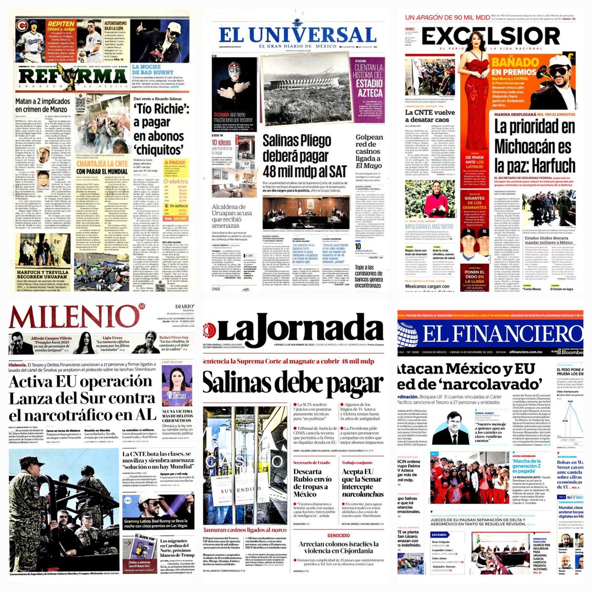 daniellemx_'s tweet image. Prensa en México ... #Reforma #ElUniversal #Excélsior #Milenio  #LaJornada #ElFinanciero #14noviembre2025