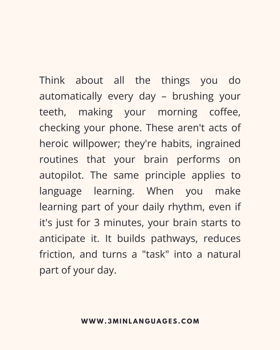 3MLanguages's tweet image. Your brain loves routines.
 Make learning a daily rhythm.
 👉 Lock in the habit: 3minlanguages.com

#3MinuteLanguages #StudyIn3 #LanguageLearning #MicroLearning #Consistency #LearnFrench #LearnSpanish #LearnGerman #LearnItalian #LearnPortuguese
