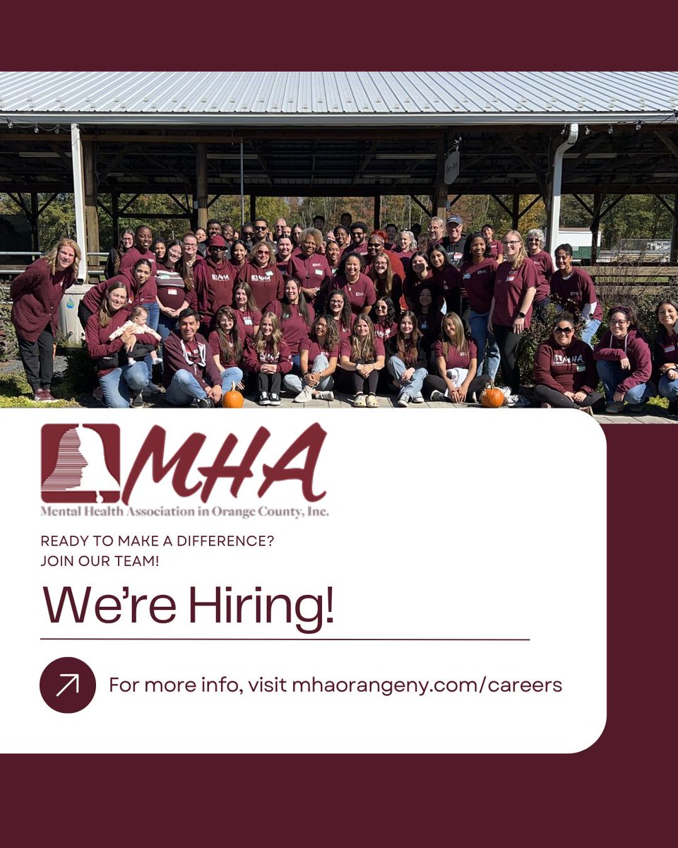 Looking for work that matters? 💬
Join a team that believes in hope, connection, and community care.
View open positions and apply today: mhaorangeny.com/careers

#MHAOC #NowHiring #JoinOurTeam #MentalHealthJobs #CareersWithPurpose