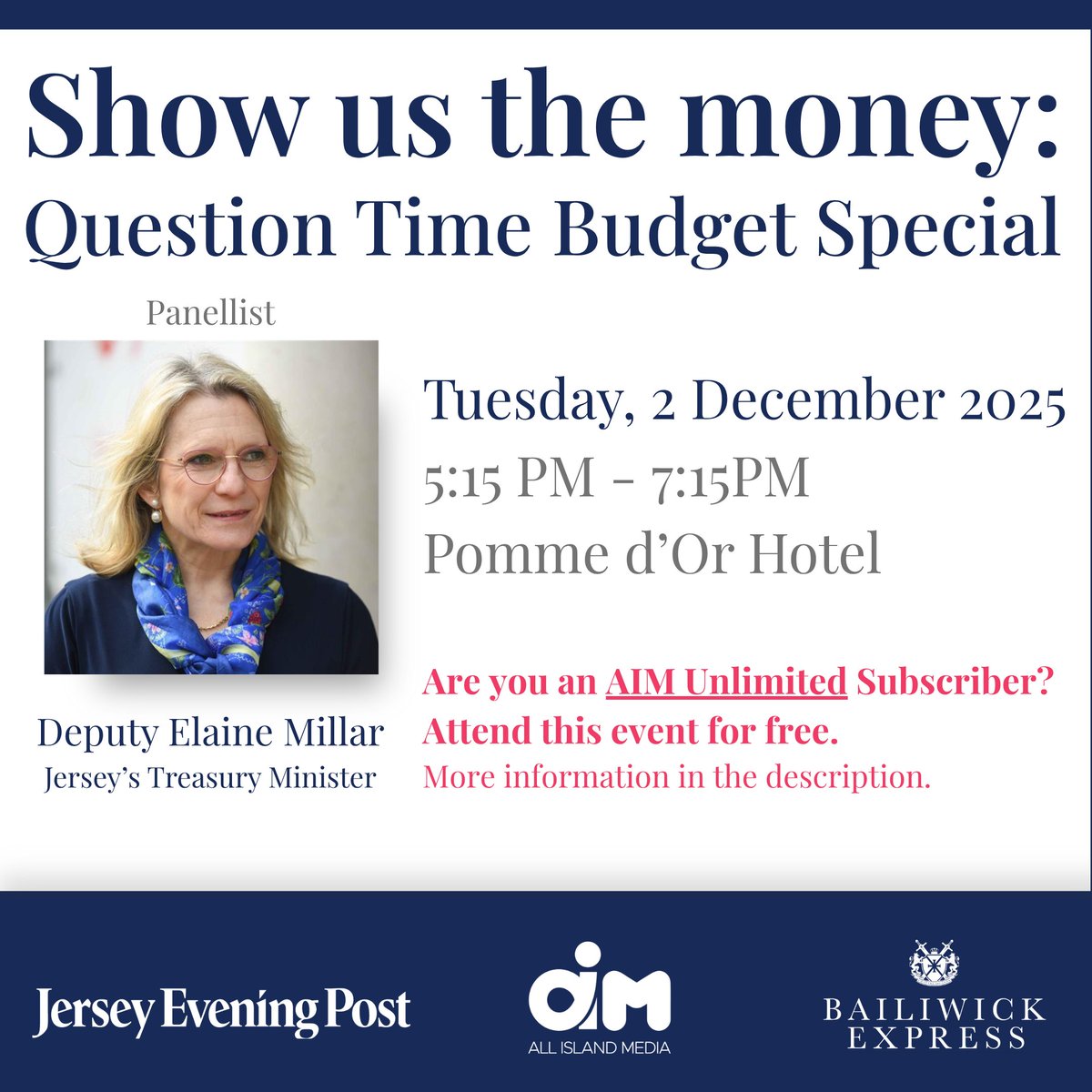 Do you have a question for the Treasury Minister about Jersey’s proposed budget for 2026? 💬

Our first panellist for Show Us The Money: Question Time Budget Special is Deputy Elaine Millar.

Submit questions
👇brnw.ch/21wXulg

Tickets: brnw.ch/21wXulh