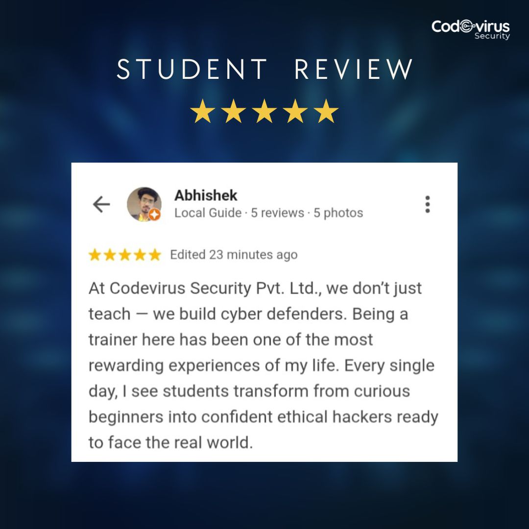 codevirussec's tweet image. Another student leveling up their cyber skills! 🚀
Proud to be part of your learning journey. 💻🔒 
#CodevirusSecurity #CyberLearning #StudentReview #TechEducation #CybersecurityTraining #CyberSecurity #EthicalHacking #HackerMindset #CyberCareer #HackingCommunity #DigitalSafety