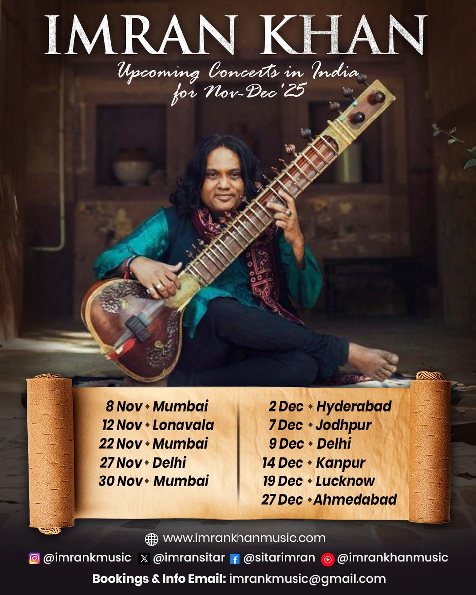imransitar's tweet photo. Different cities, one soulful sound — experience Imran Khan’s music live near you. 

Imran Khan brings the soulful sound of the sitar to cities across India this Nov–Dec ’25.

Bookings &amp; Info: 
Call us: +91-797 780 3178
imrankmusic@gmail.com | https://t.co/qveP3QKNNQ https://t.co/Gxvzl6jFpU