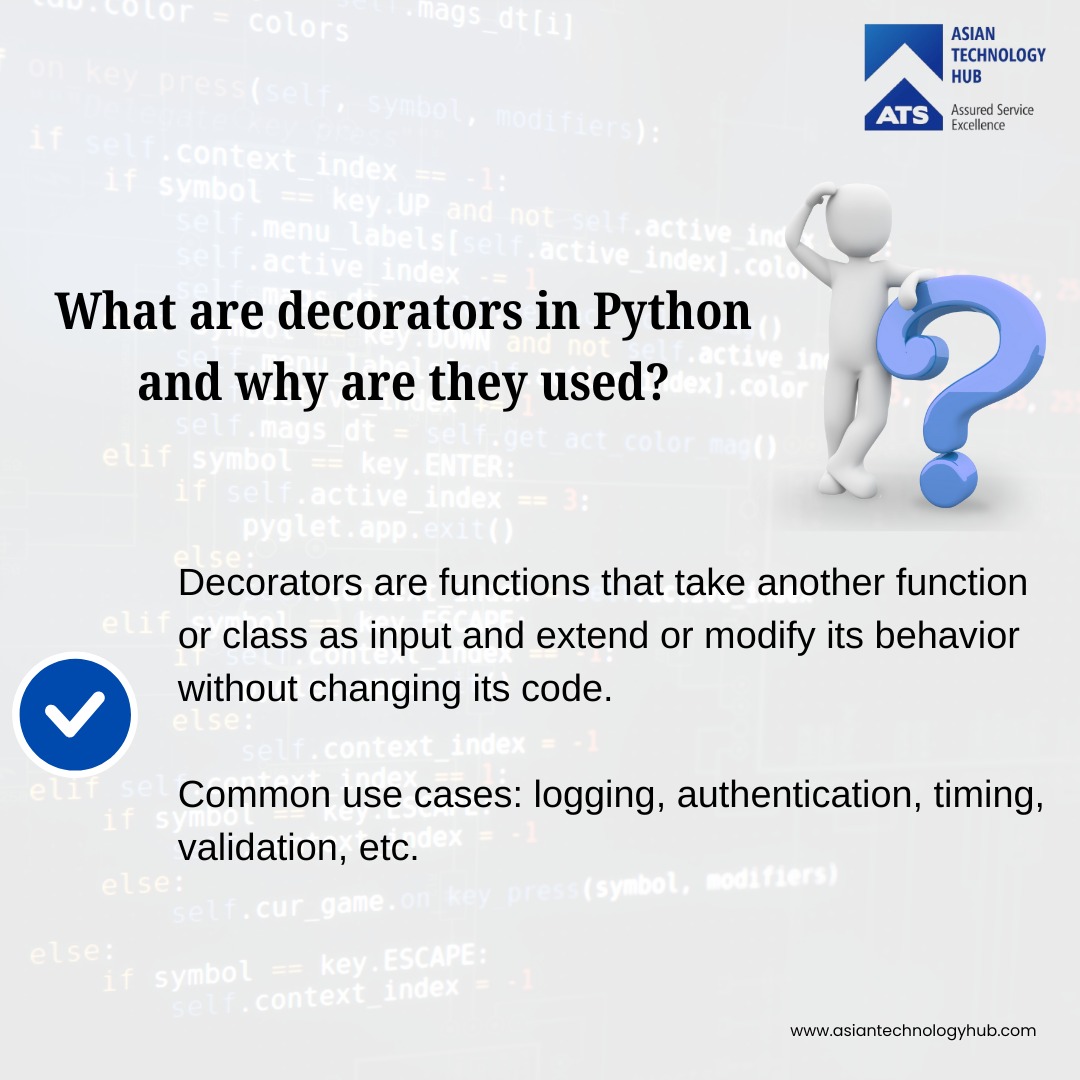 ATS_TechHub's tweet image. Unlock your Python skills with today’s Interview Question! 💡🐍
Learn about decorators and how they make your code cleaner and more powerful.
Follow for more Python tips, interview prep, and career-boosting content! 🚀
#AsianTechnologyHub #Python #Coding
