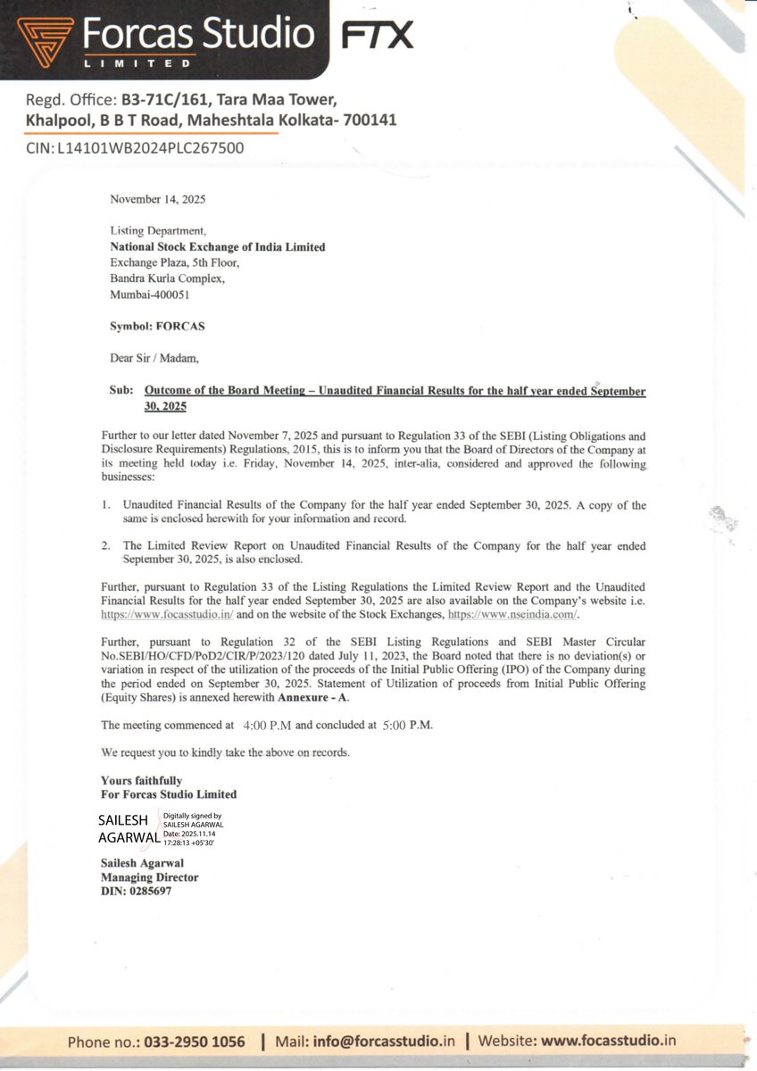 nileshkurhade's tweet image. 📌 Forcas Studio Limited informed the exchange about its approval for the financial results for the period ended September 30, 2025. #SME #FORCAS 📄🧾