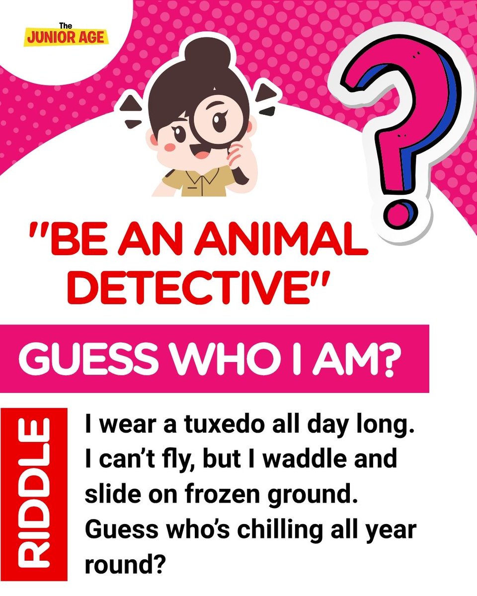 TheJuniorAge's tweet image. Animal Detectives Challenge! 🕵️‍♀️
Can you solve this one?
Drop your guess in the comments and tag someone to see if they can solve it too.

#TheJuniorAge #AnimalDetectives #RiddleTime #KidsFunFacts