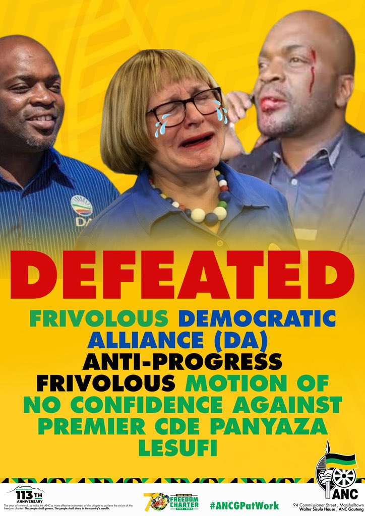 The frivolous motion of no confidence has been defeated! Gauteng chooses progress, stability and continued service under Premier Panyaza Lesufi