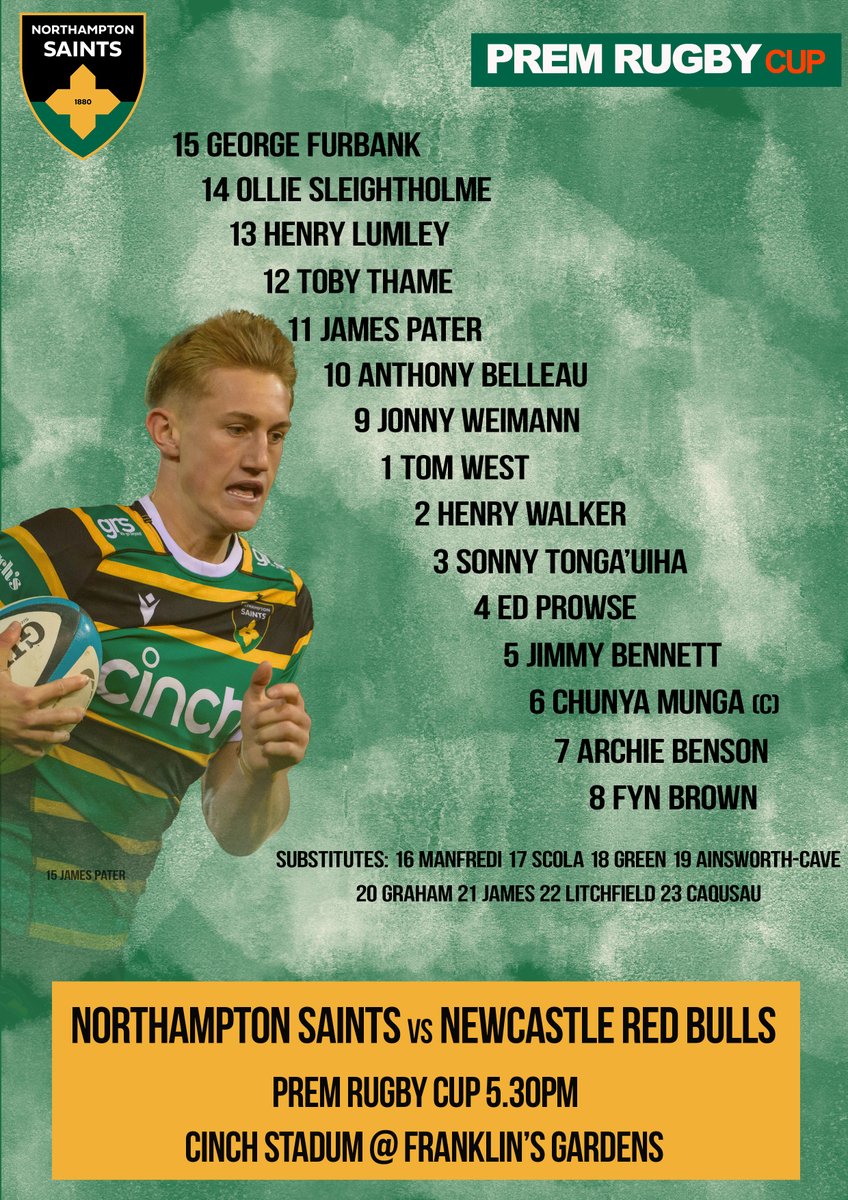 Two welcome returnees to the GB&amp;G as <a href="/SaintsRugby/">Northampton Saints 😇</a> still have a very young side for tomorrow's <a href="/premrugby/">PREM Rugby</a> Cup match against <a href="/NCL_RedBulls/">Newcastle Red Bulls</a> 

Chunya Munga captains the Saints😇

northamptonsaints.co.uk/news/furbank-a…
