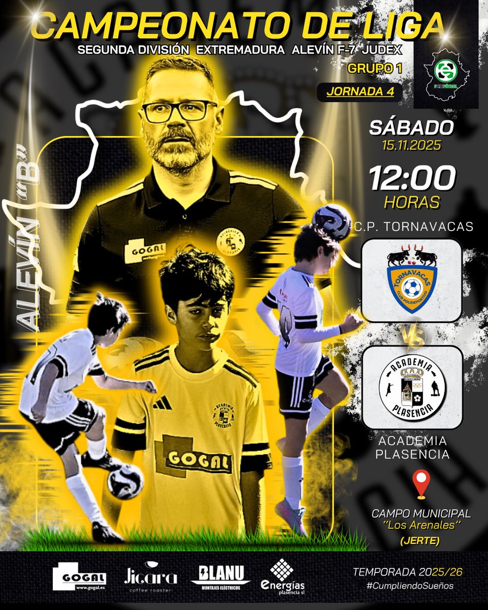☑️ | ¡4ª Jornada de Liga para nuestro #𝐴𝑙𝑒𝑣𝜄́𝑛 “B”! 

🗓️ 15/11/25. 
🕛 12:00 H. 
🏟️ Municipal Los Arenales (Jerte). 
🆚 #CPTornavacas  
🙌🏻 ¡Disfrutemos en 𝑒𝑞𝑢𝑖𝑝𝑜!

#AᥴᥲdᥱmιᥲPᥣᥲsᥱᥒᥴιᥲ | #CᥙmρᥣιᥱᥒdoSᥙᥱᥒ̃os