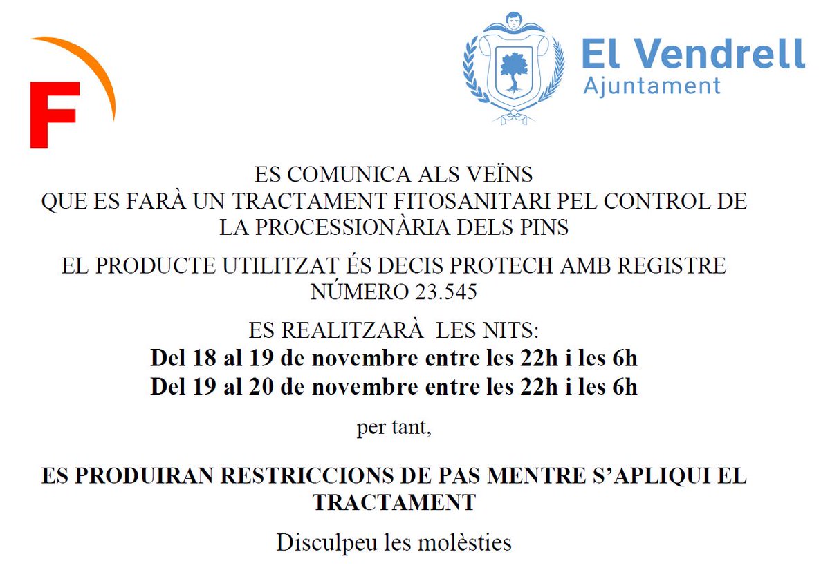 ❗️AVÍS - Tractament fitosanitari per controlar la processionària dels pins als nuclis marítims i a urbanitzacions #elVendrell #Parcs #Jardins
