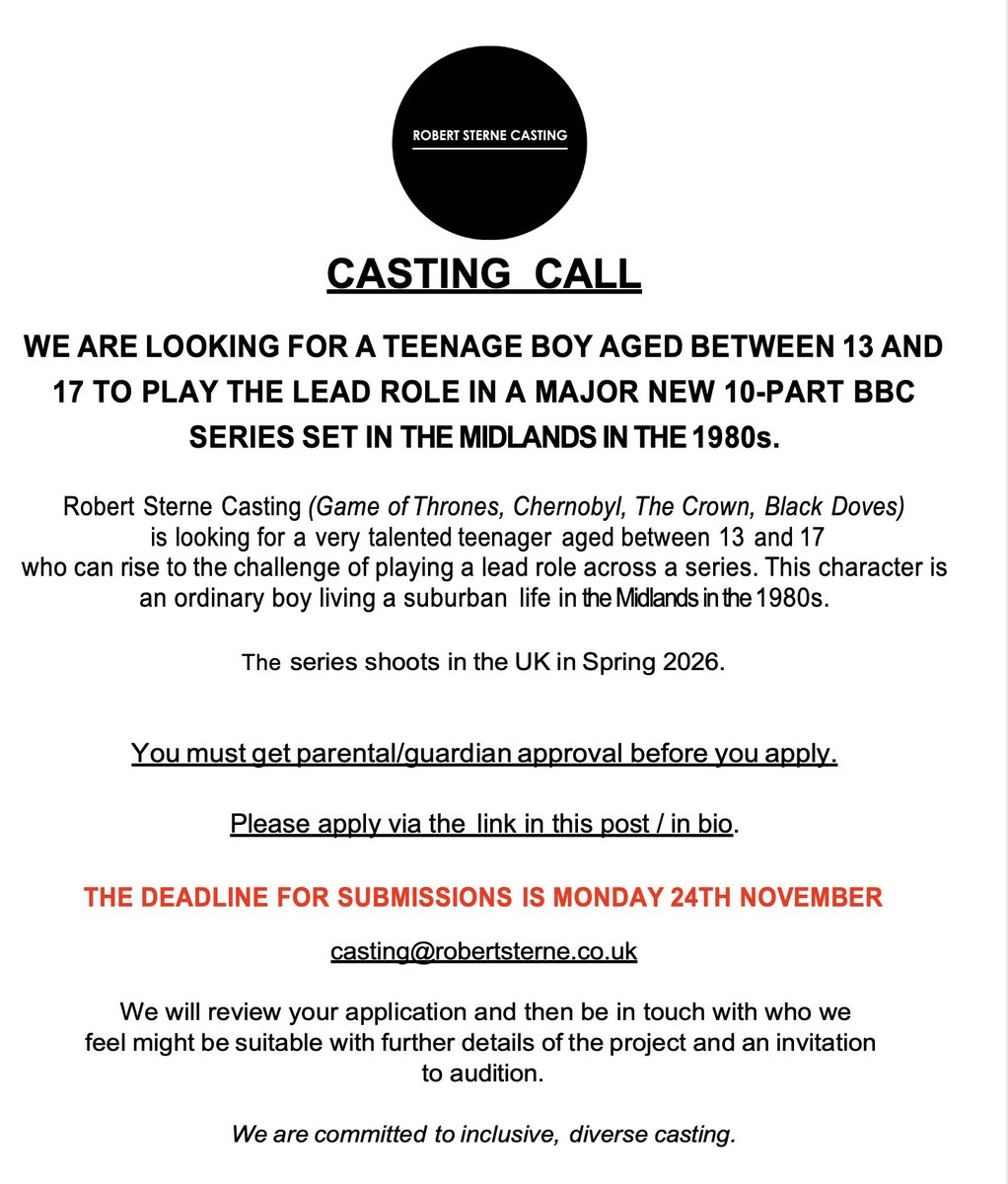 **CASTING CALL**
Looking for a teenage boy aged 13-17 for a leading role in a BBC series set in the Midlands.
Please apply via this link: 

form.jotform.com/253173042439050

(Please note the form now has a higher submission capacity)
